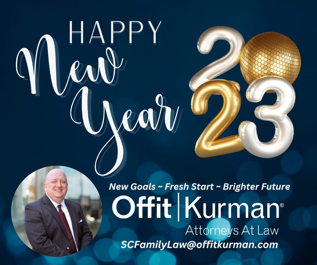 Happy New Year 2023 New goals - fresh start - brighter future with an image of Ben Stevens scfamilylaw@offitkurman.com
