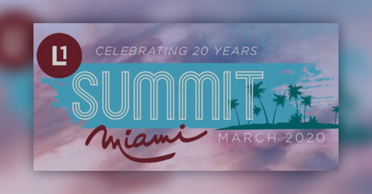 logo the reads; Celebrating 20 years Summit Miami on March 2020, colors are pink, red, purple, and blue. palm trees in the logo