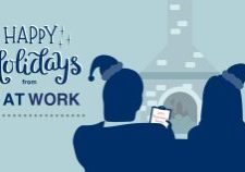 Happy Holidays from OK at Work card with silhouettes of Russell and Sarah sitting in front of a fireplace