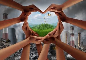 Earthday and earth day as group of diverse people joining to form heart hands together protecting the environment from toxic pollution and climate change with 3D illustration elements.