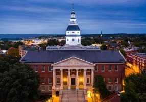 Maryland State House, in Annapolis, at dusk.