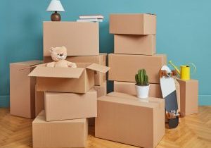 Moving house concept with cardboard boxes and belongings