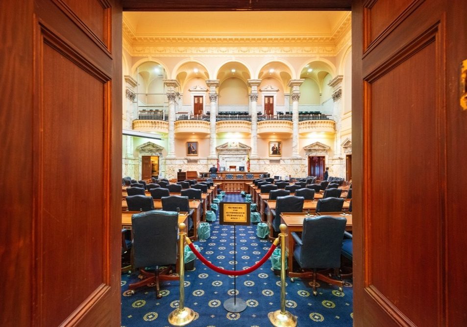 Interior of the Maryland State House in the Chamber of the Maryland State Senate.