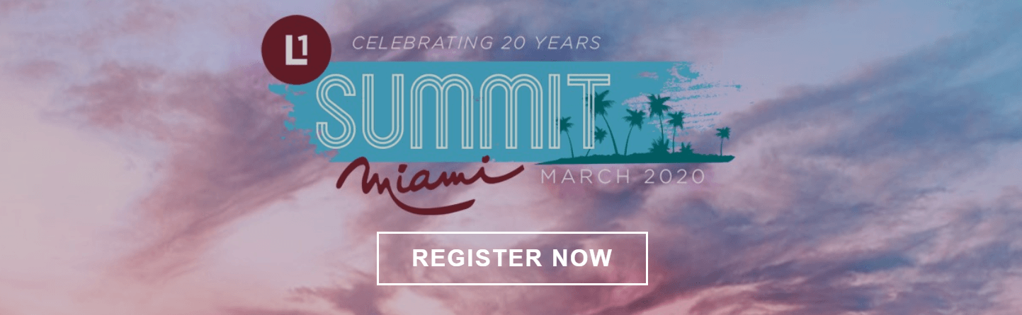 Text reading "Celebrating 20 years Miami Summit March 2020" and also text reading "Register now"