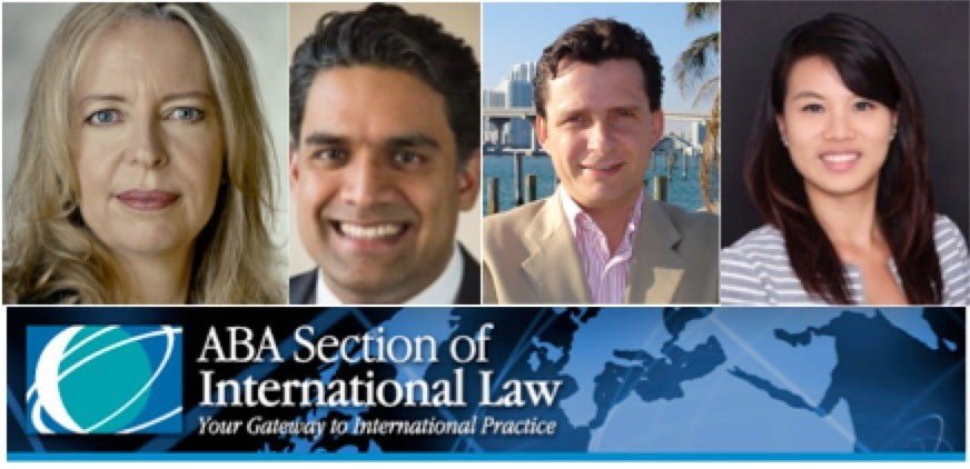 Headshots of four individuals, a woman with blonde hair, two men with dark brown hair, and a woman with dark brown hair, above the logo for the ABA Section of International Law