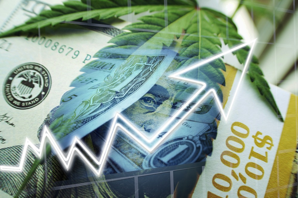 Marijuana Profits With Cannabis Leaf On Hundred dollar bill