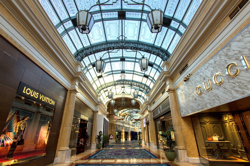 Upscale shops at the Bellagio Casino and resort in Las Vegas. The luxury boutique style shops at the Bellagio include Gucci, Prada, Chanel and Louis Vuitton.