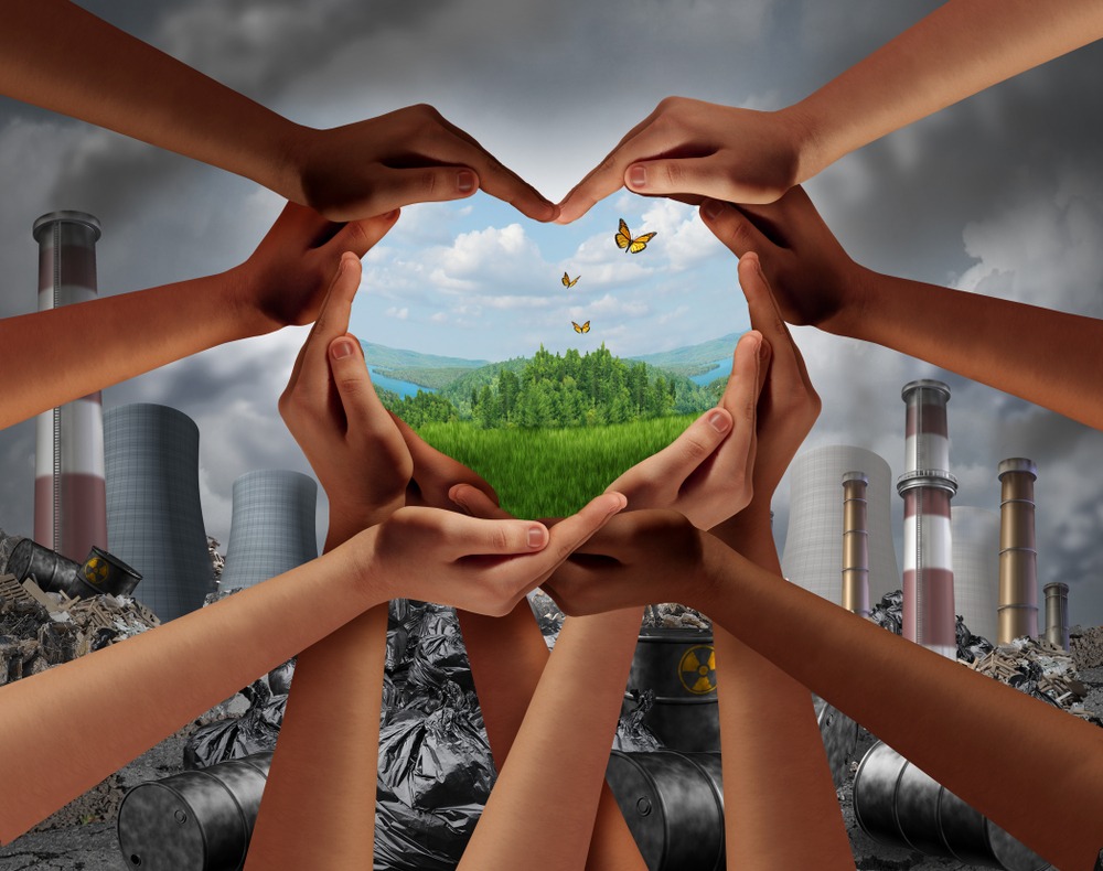 Earthday and earth day as group of diverse people joining to form heart hands together protecting the environment from toxic pollution and climate change with 3D illustration elements.