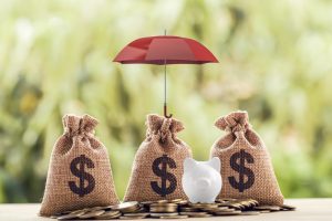 Group coins and US dollar bag, piggy bank Under the red umbrella. Concept risk protecting, wealth management and long term money investment, financial depicts asset security for sustainable growth.