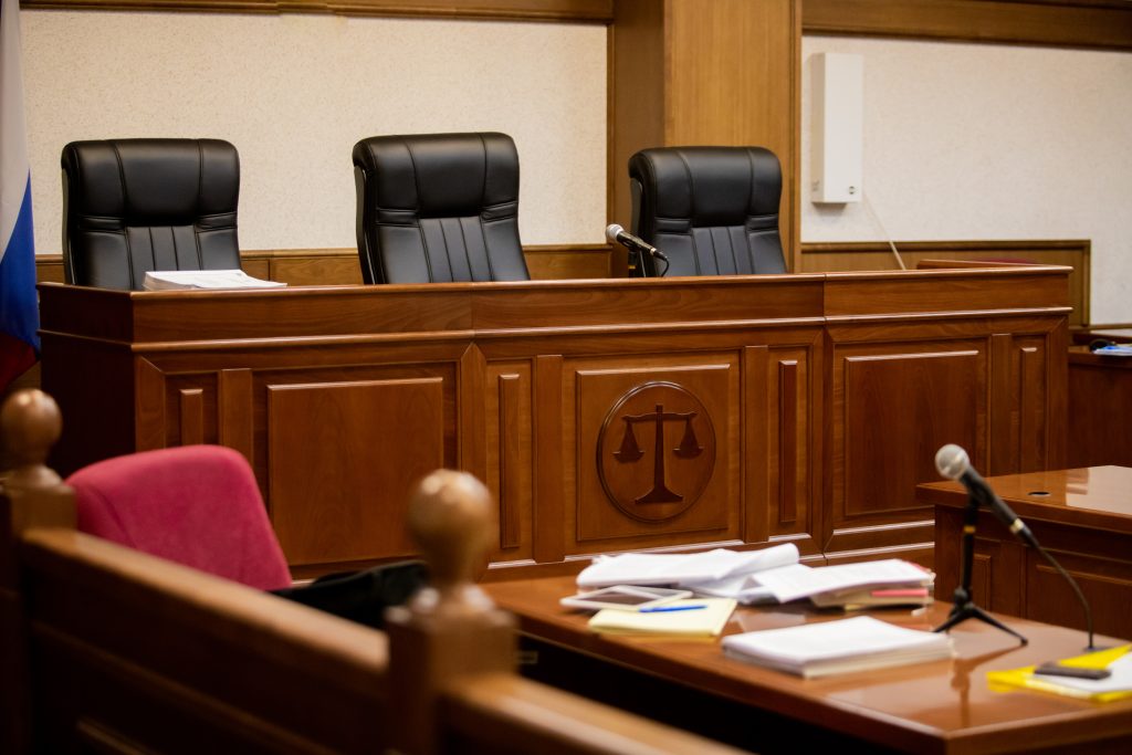 view of a courtroom with an empty judges chair