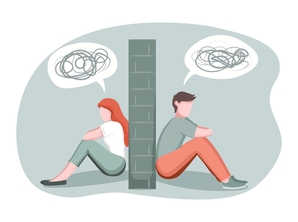 cartoon man and woman sitting down with a wall dividing them. They have thought bubbles over their heads with squiggles.