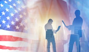 USA business. USA flag next to businessmen or traders. Concept trading on American stock exchange. Purchase of American securities. Double exposure illustration of business in USA. US stock exchange