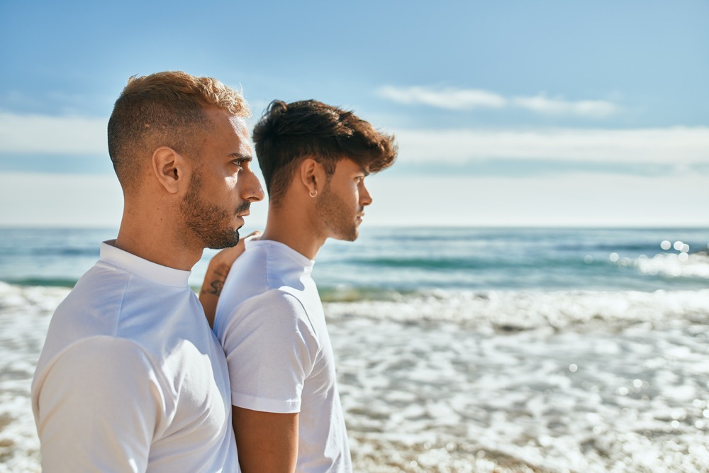 Young,Gay,Couple,With,Serious,Expression,Looking,To,The,Horizon