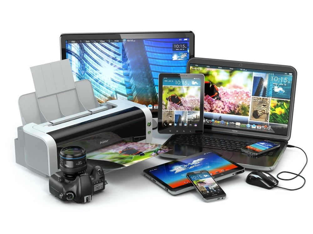 Electronic products together including a printer, camera, phones, tablets and computers.