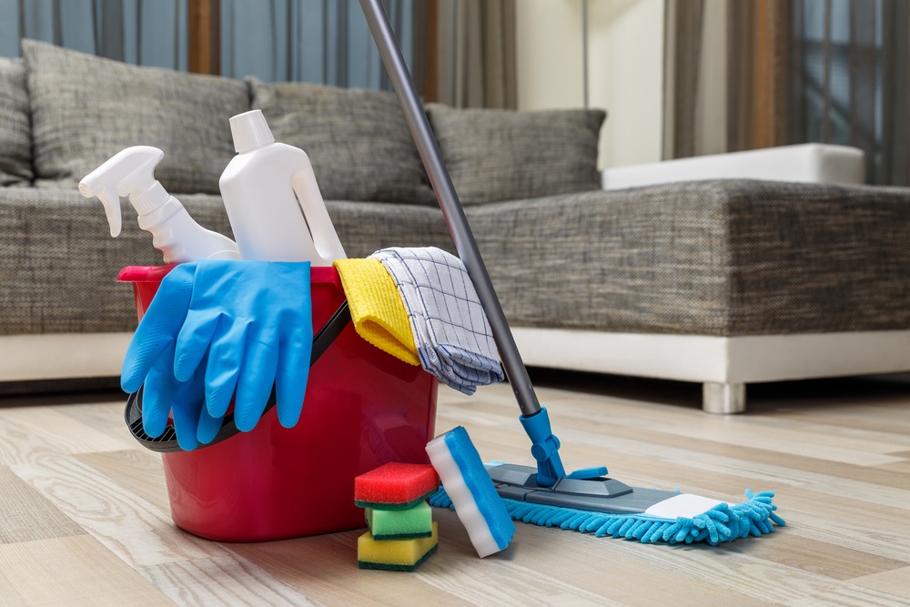 Cleaning service. Bucket with sponges, chemicals bottles and mopping stick. Rubber gloves and towel. Household equipment.