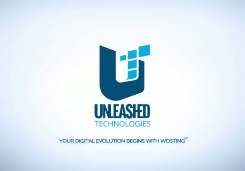 Words: Unleashed Technologies in blue and light blue colors. Medium sides T on top of a big U